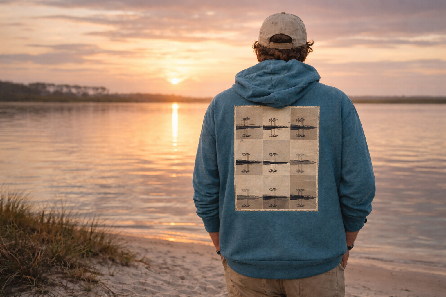 guy wearing modus made hoodie on a west lake