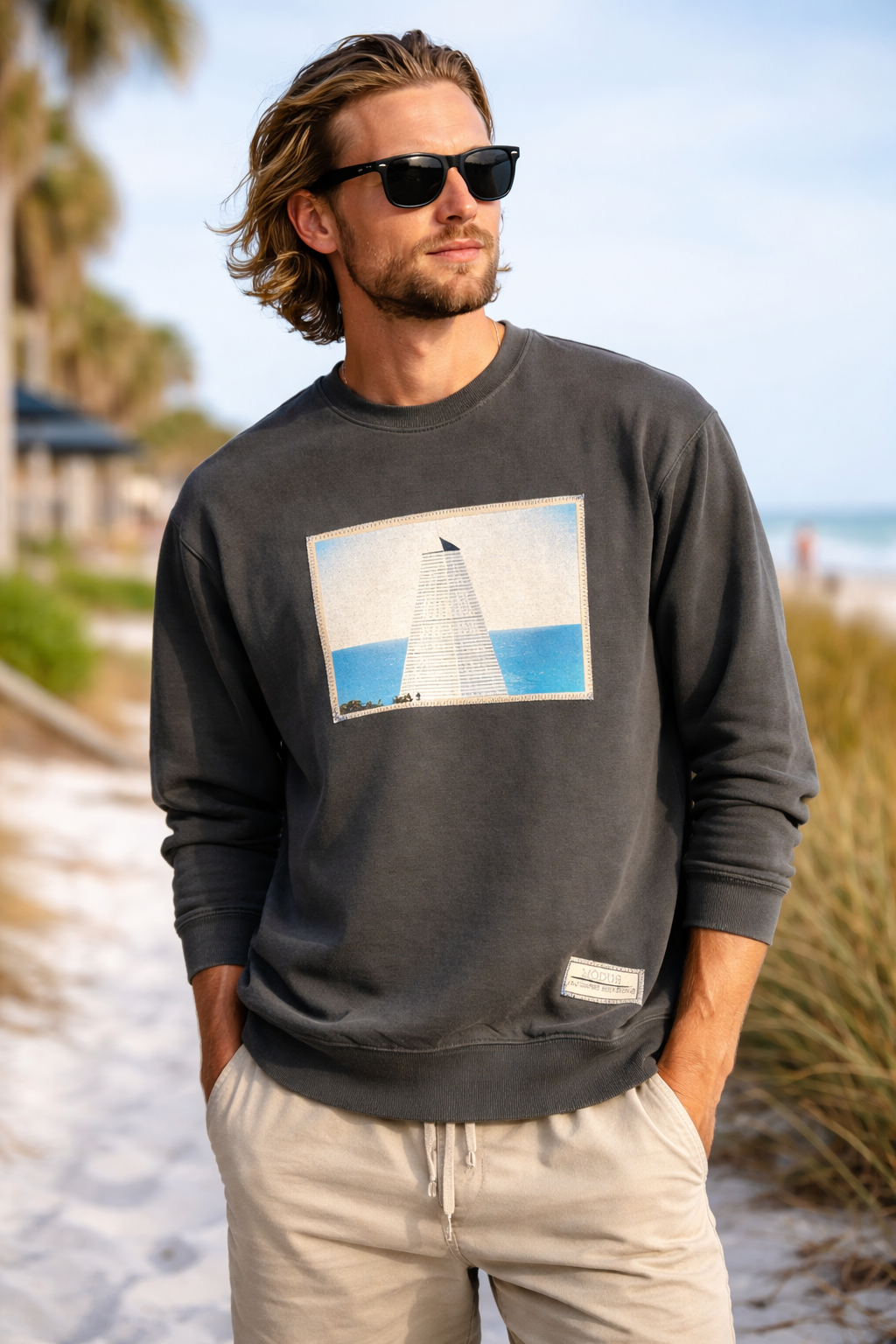 Seaside Sweatshirt on a male model on the beach