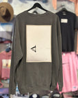 Gray sweatshirt with a graphic design on a hanger against a clothing store background