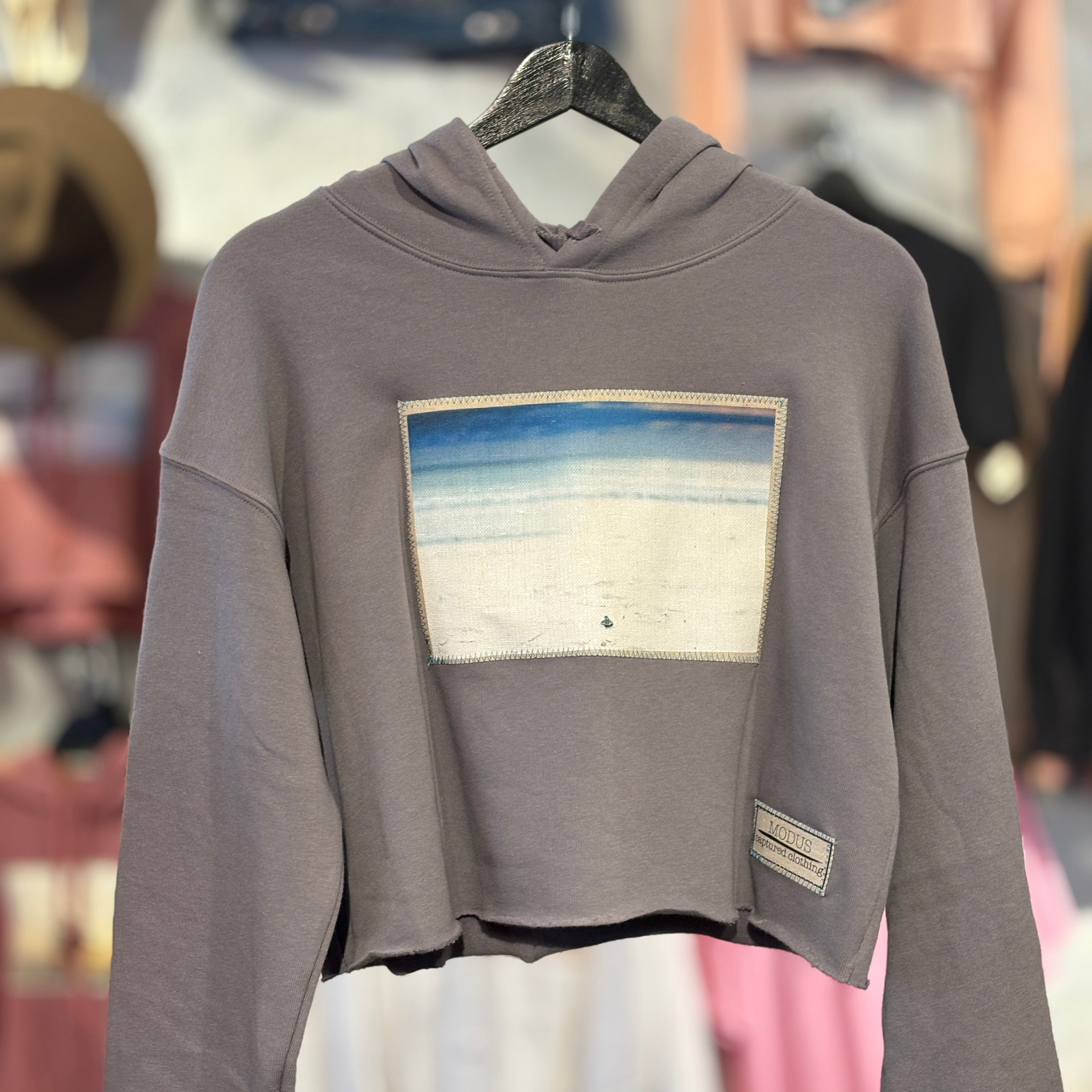 Gray hoodie with a beach graphic on a hanger against a blurred store background