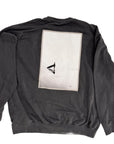 Black sweatshirt with a graphic design on the back against a white background
