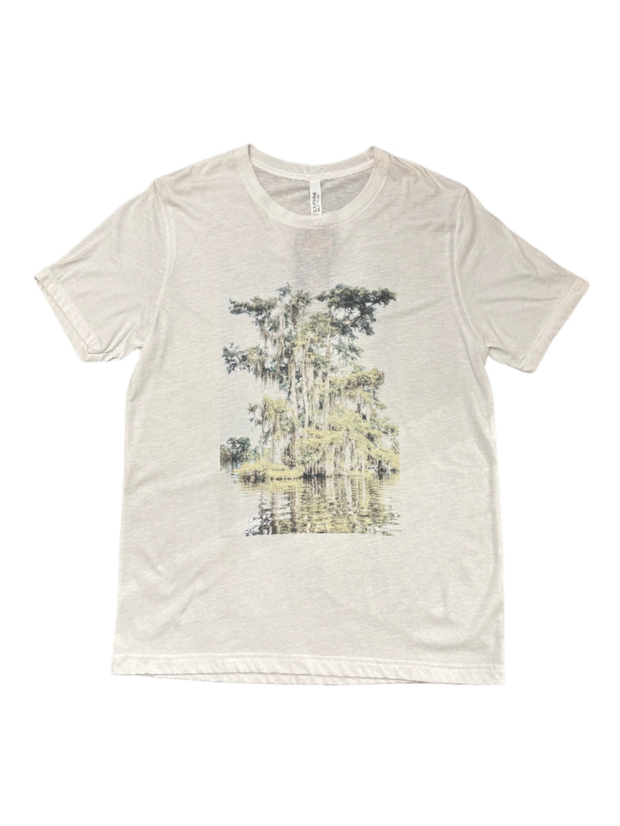 White t-shirt with a graphic design 'old flordia cypress' on a white background